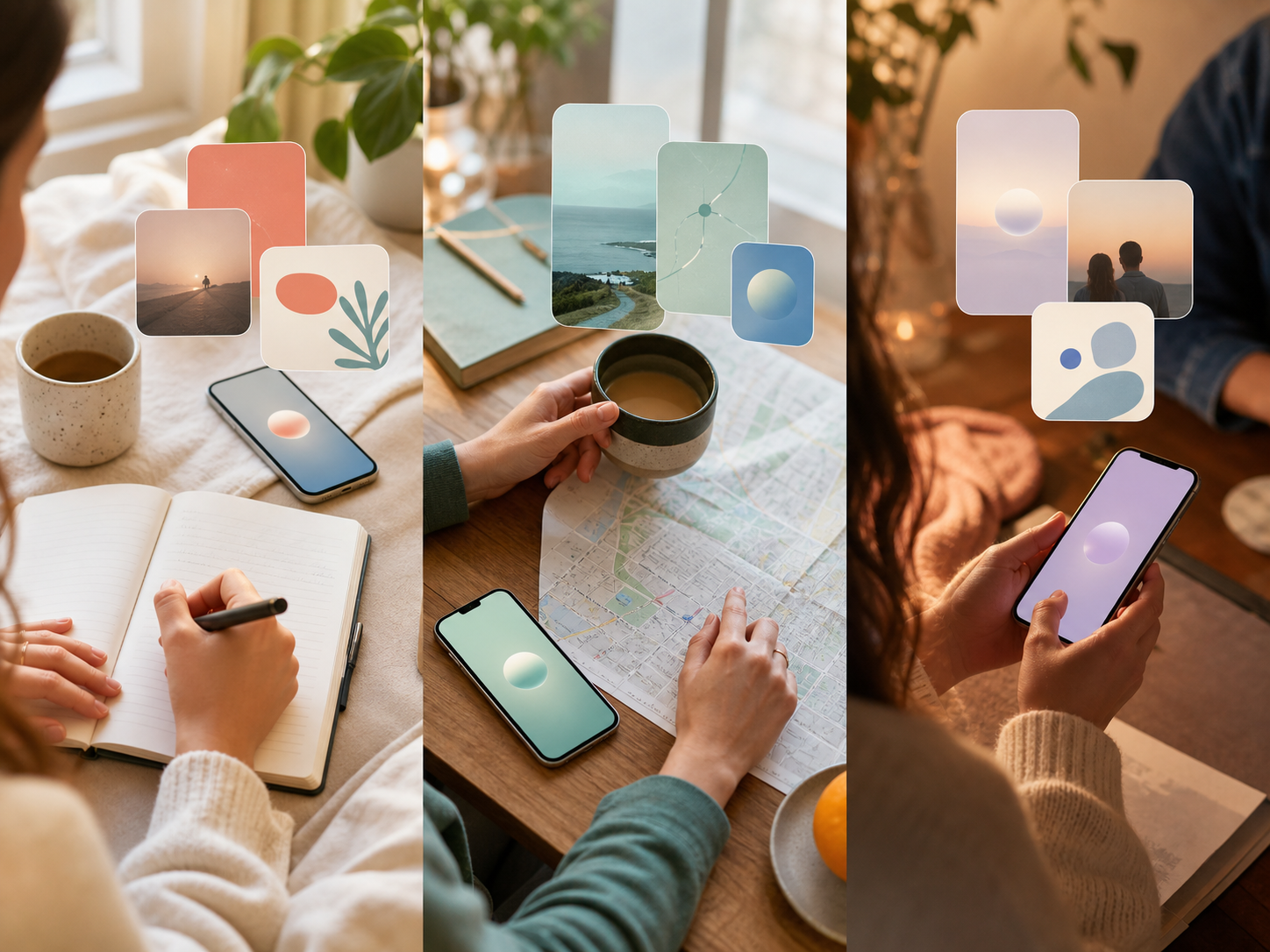 Three daily moments with phone, journal, travel planning, and reflective relationship context cards