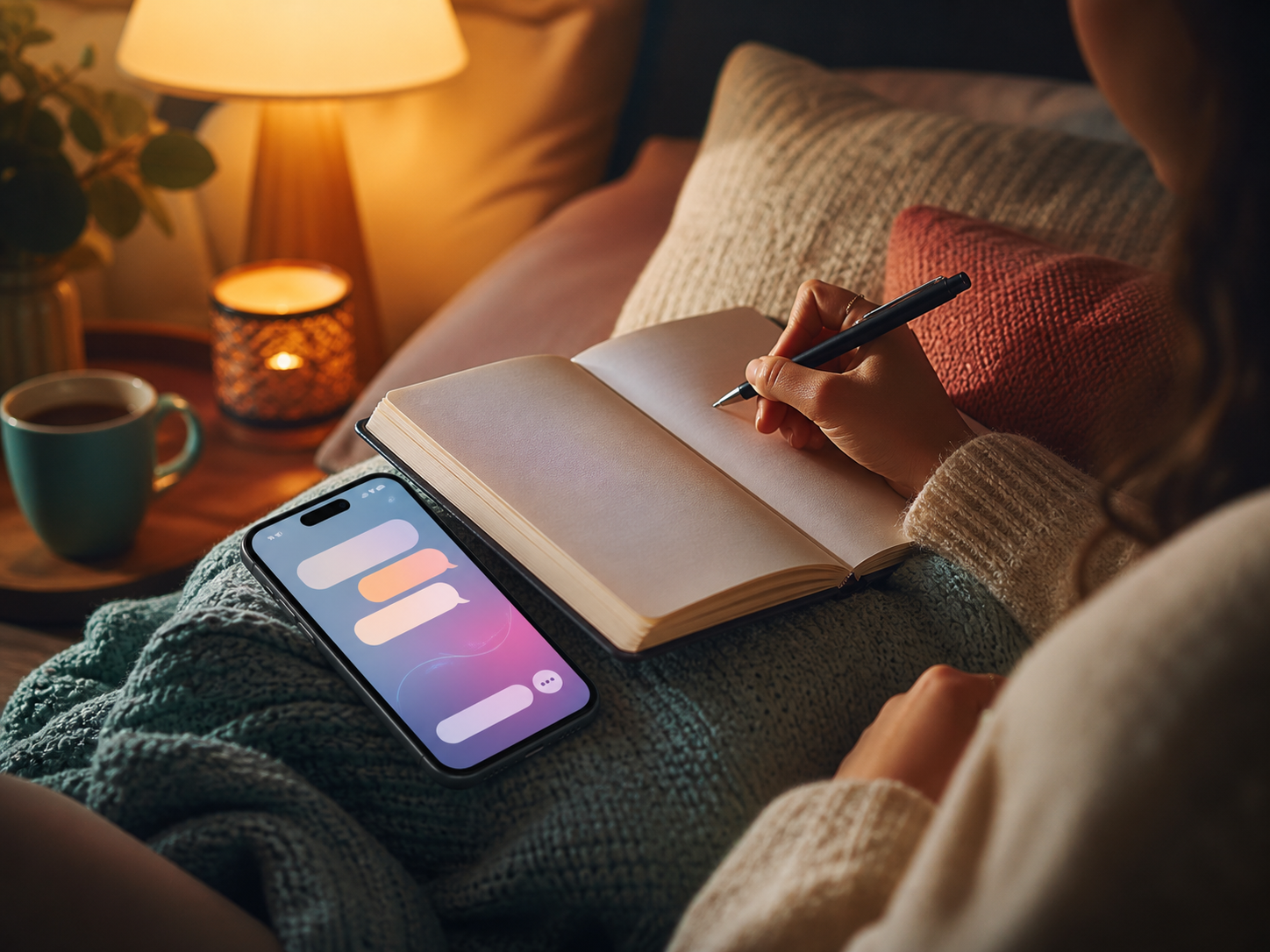 New Nous user writing a first reflective check-in beside a phone
