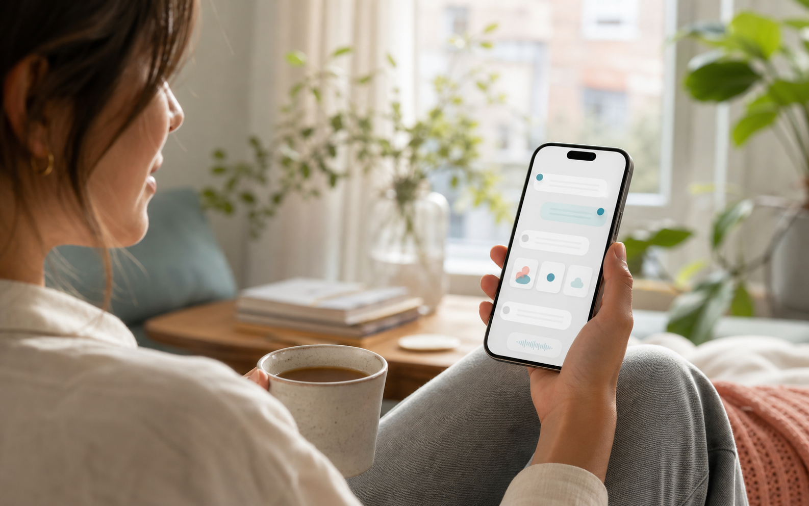 Person holding a phone with a calm Nous companion chat interface in a bright home